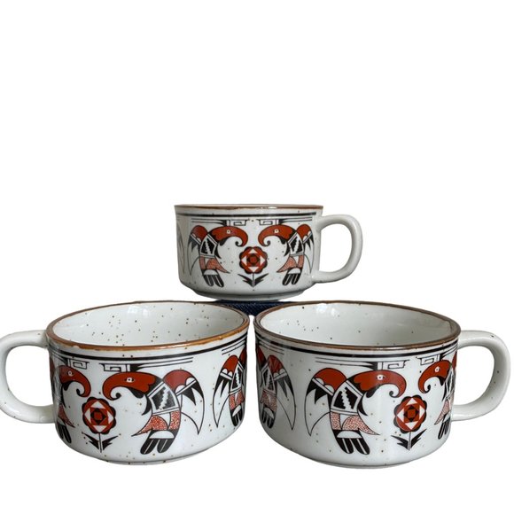 Vtg OMC Tiki Mid Mod Thunderbirds Otagiri Soup Stew Mugs Japanese Birds Aztec - Picture 2 of 16
